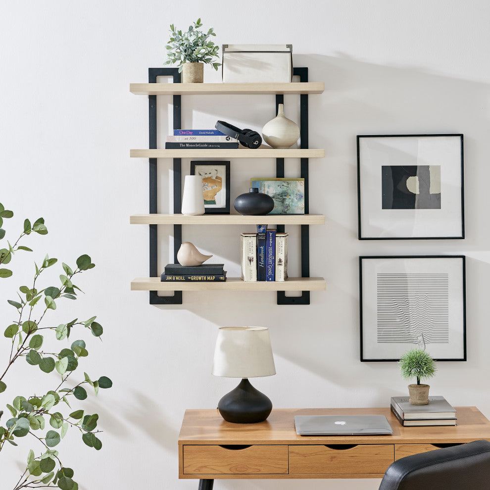 Danya B. 4-Tier Floating Bracket Wall Shelf Metal and MDF Finish, White Birch