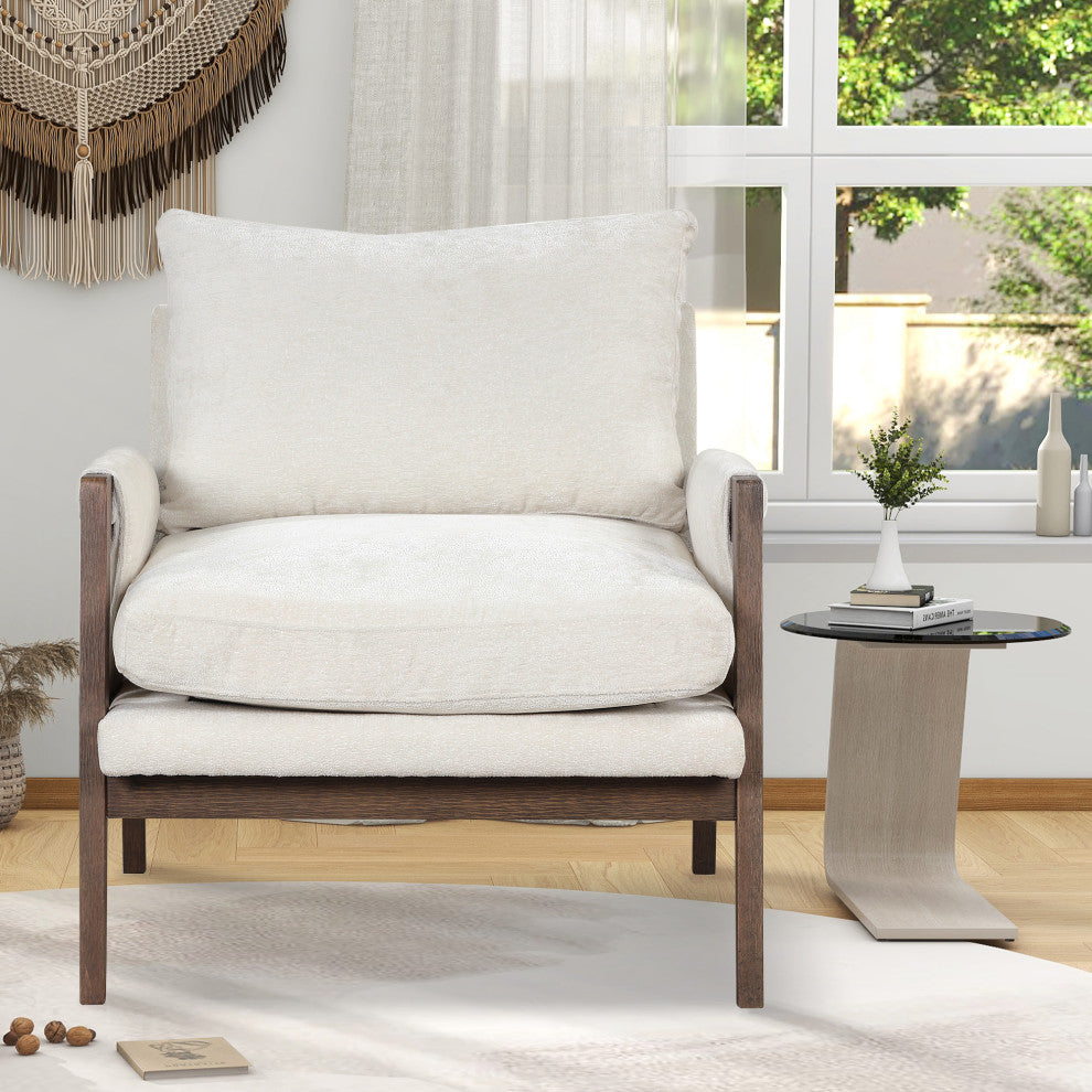 GDF Studio Mid-Century Modern Velvet Accent Chair, Rubber Wood Frame, White