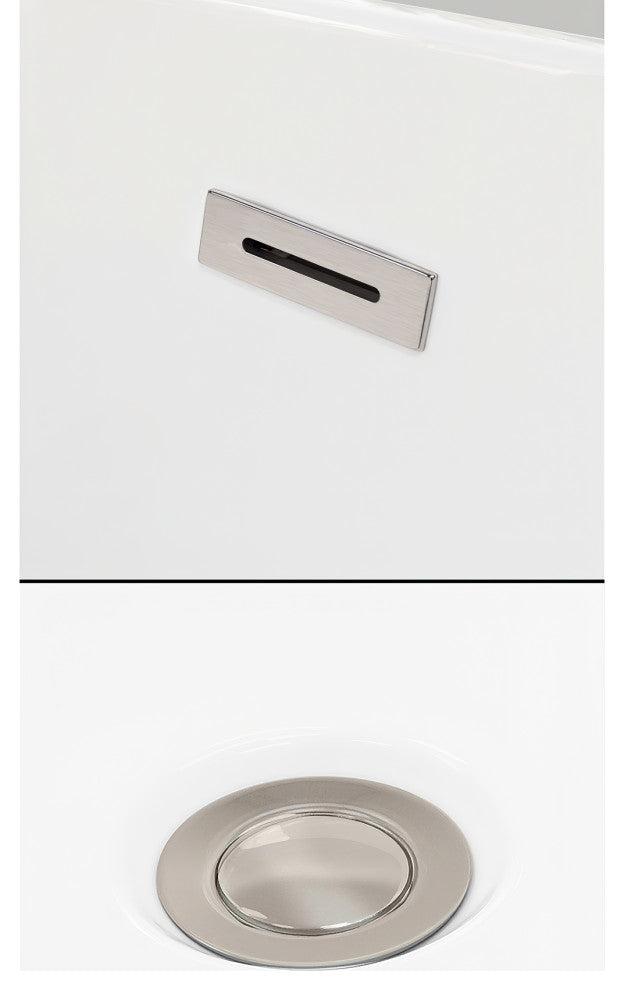 Sara 59" Freestanding White Bathtub, Brushed Nickel Drain and Overflow Trim