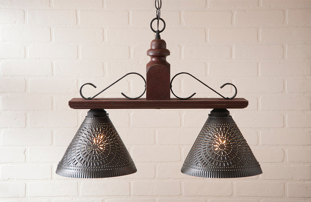 Wood and Iron Island Bar Light With Punched Tin Shades, Plantation Red
