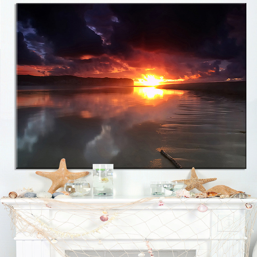 "Mirrored Sun in Cloudy Dark Seashore" Contemporary Seascape Art Canvas, 40"x30"