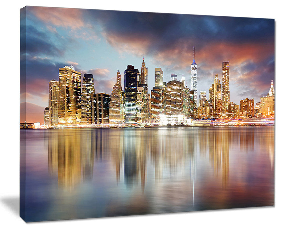 "New York Skyline at Sunrise With Reflection" Art, 20"x12"