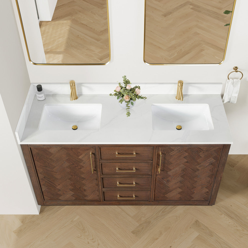 Jakarta Bath Vanity, Quartz Top No Mirror, Dark Brown Oak, 60", Double Vanity