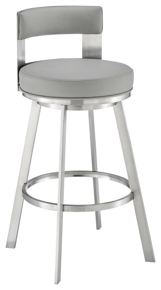 Lynof Swivel Counter Stool With Faux Leather, Light Gray, Brushed Stainless Steel