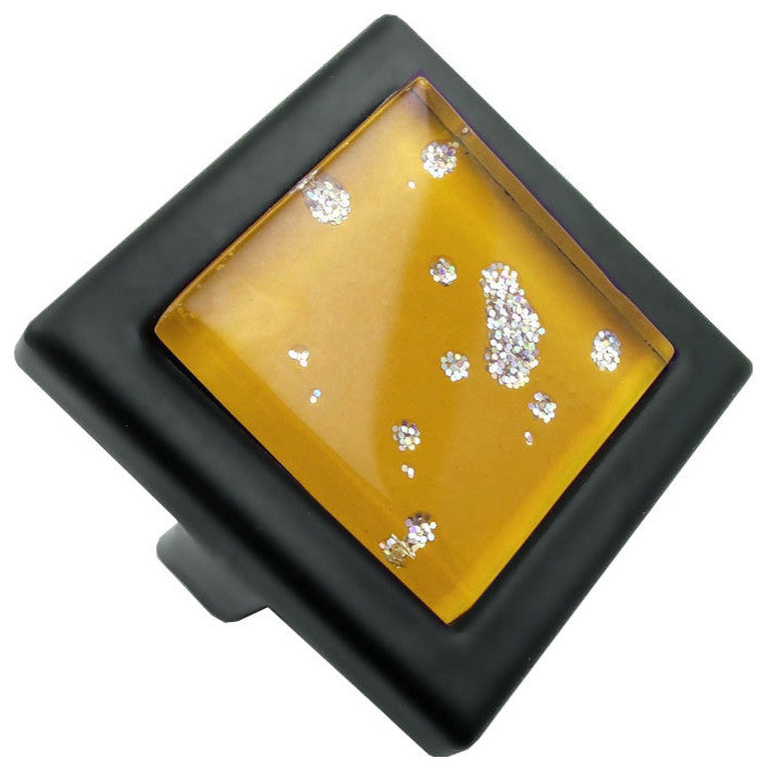 Orange Iridescent Nova Crystal Glass Black Metal Square Manor Knob