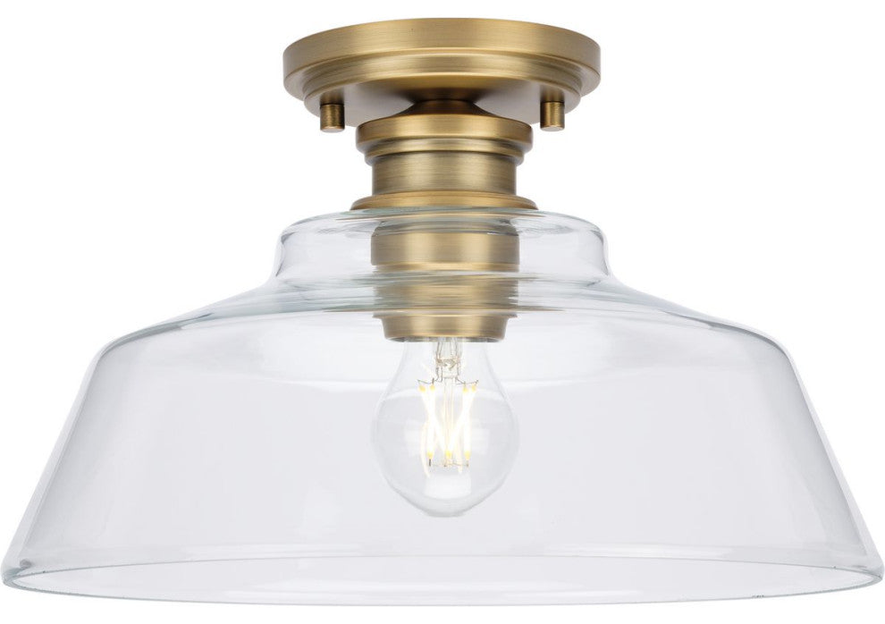 Singleton 1-Light 14" Vintage Brass Semi-Flush Mount Light, Clear Glass Shade