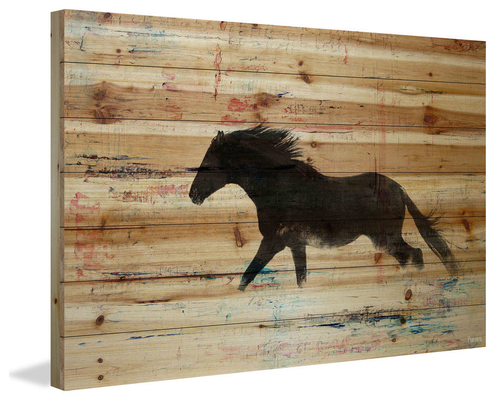 "Black Horse Stride" Painting Print on Natural Pine Wood, 36"x24"