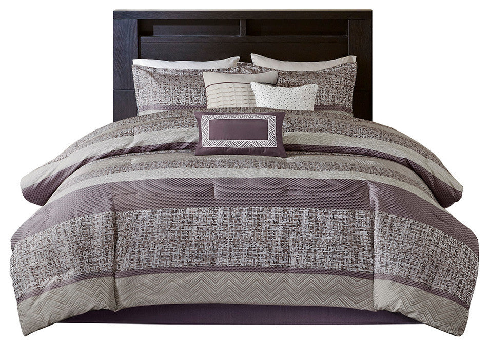 Madison Park Rhapsody Jacquard Stripe Mosaic 7-Piece Comforter Set, Purple