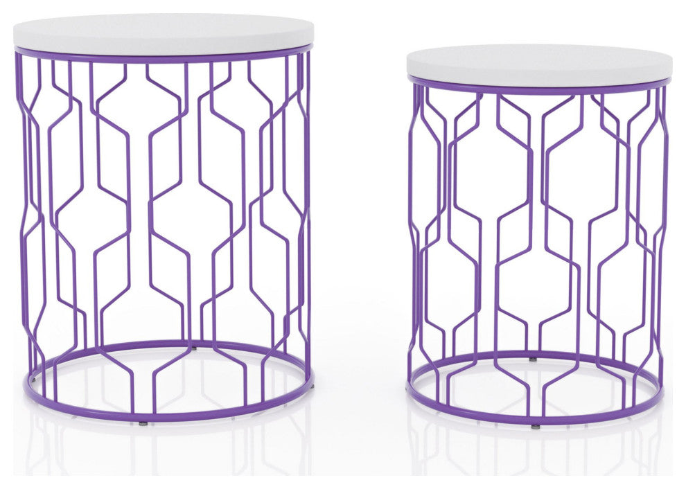 Set of 2 Nesting Nightstand, Geometric Metal Base With Round Top, Purple