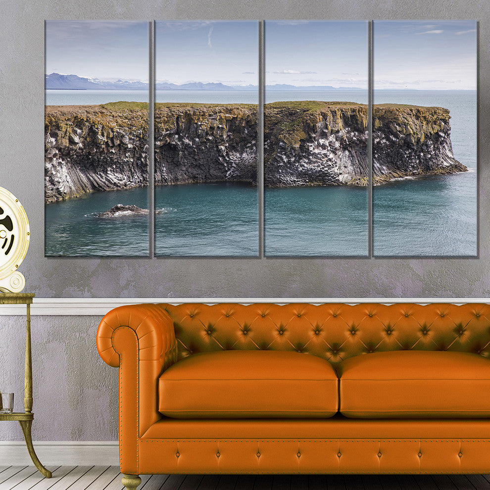 "Huge Rock in Coastline Panorama" Seashore Wall Art, 4 Panels, 48"x28"