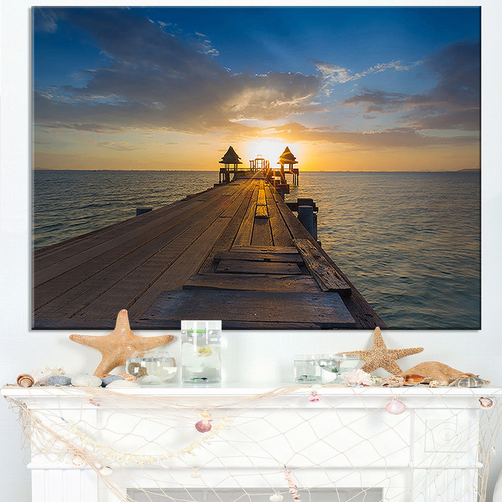 "Huge Wooden Pier Into Setting Sun" Sea Pier and Bridge Wall Art Canvas, 40"x30"