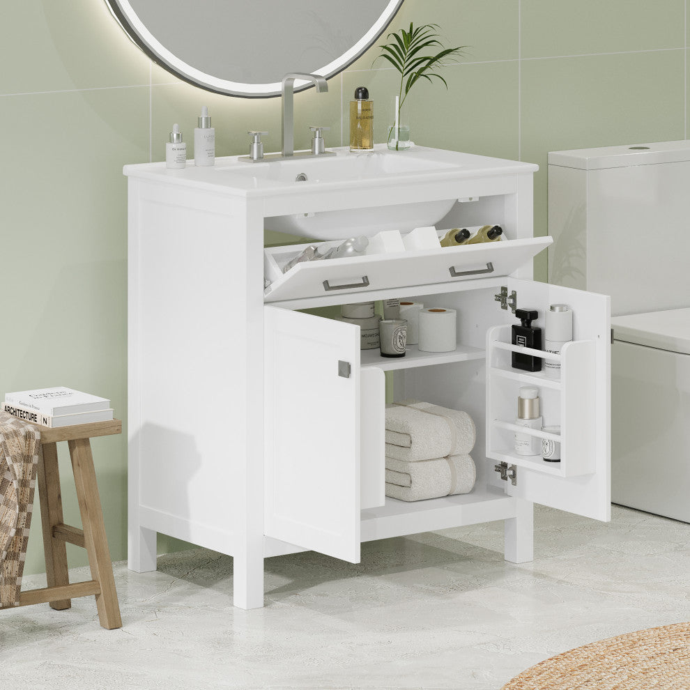 30 Inch Bathroom Vanity with Ceramic Sink, White