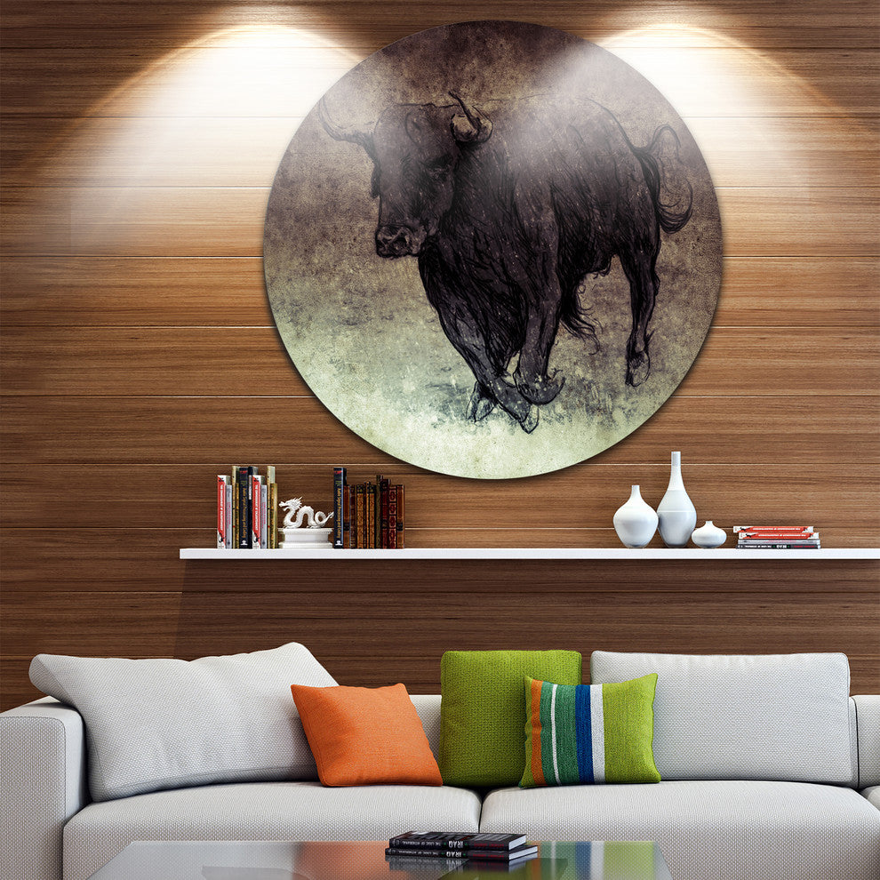 Bull Running On Vintage Paper, Animal Digital Disc Metal Wall Art, 23"