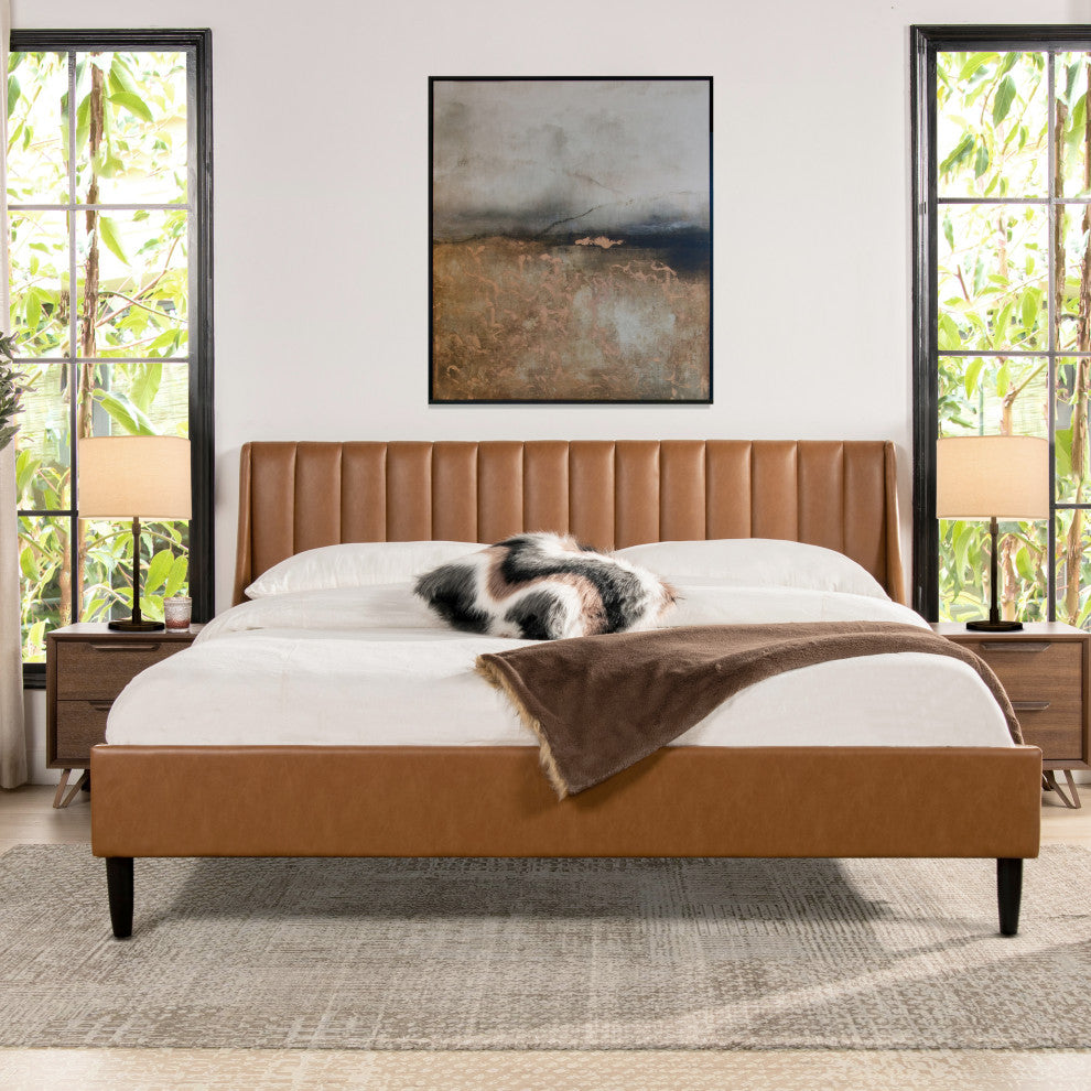 Aspen Modern Vertical Tufted Upholstered Platform Bed, Caramel Tan Brown Faux Leather, King