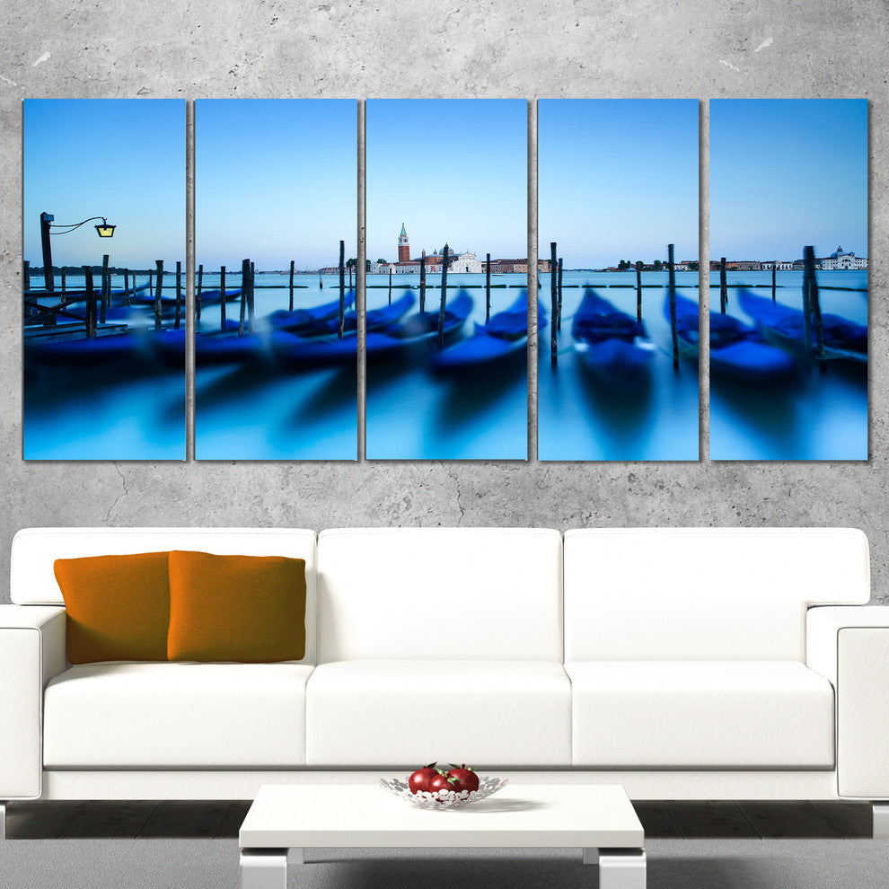 "Venice Gondolas At Blue Sunset" Seashore Wall Art, 5 Panels, 60"x28"