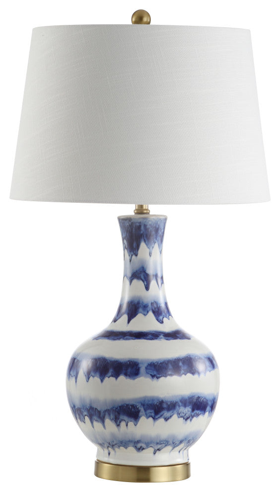 Tucker 30.5" Striped Ceramic and Metal LED Table Lamp, Blue, White