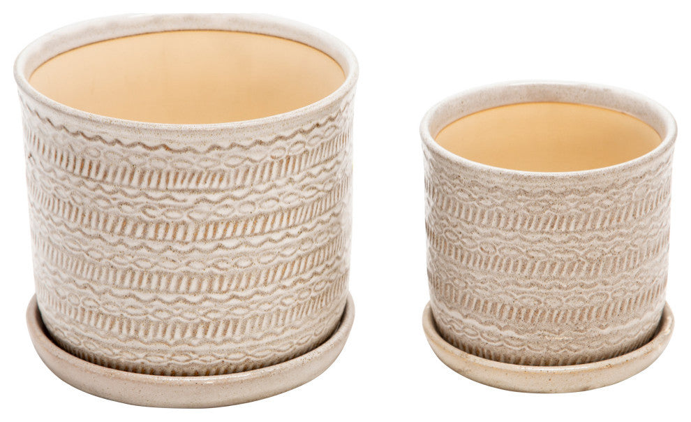 2-Piece Set Tribal Planter With Saucer Beige