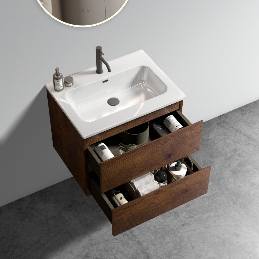 Wall-Mounted Bathroom Vanity Set with Ceramic Sink with one faucet hole, Walnut