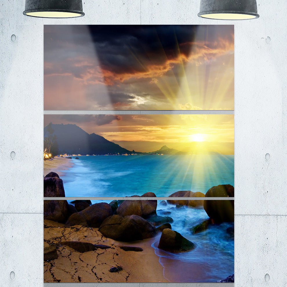 "Bright Yellow Sun Over Blue Waters" Beach Metal Wall Art, 3 Panels, 28"x36"