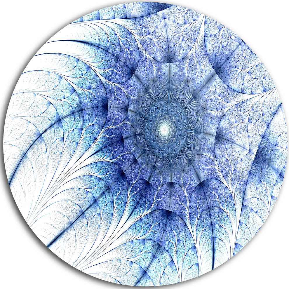 Symmetrical Blue Fractal Flower On White, Abstract Round Wall Art, 36"