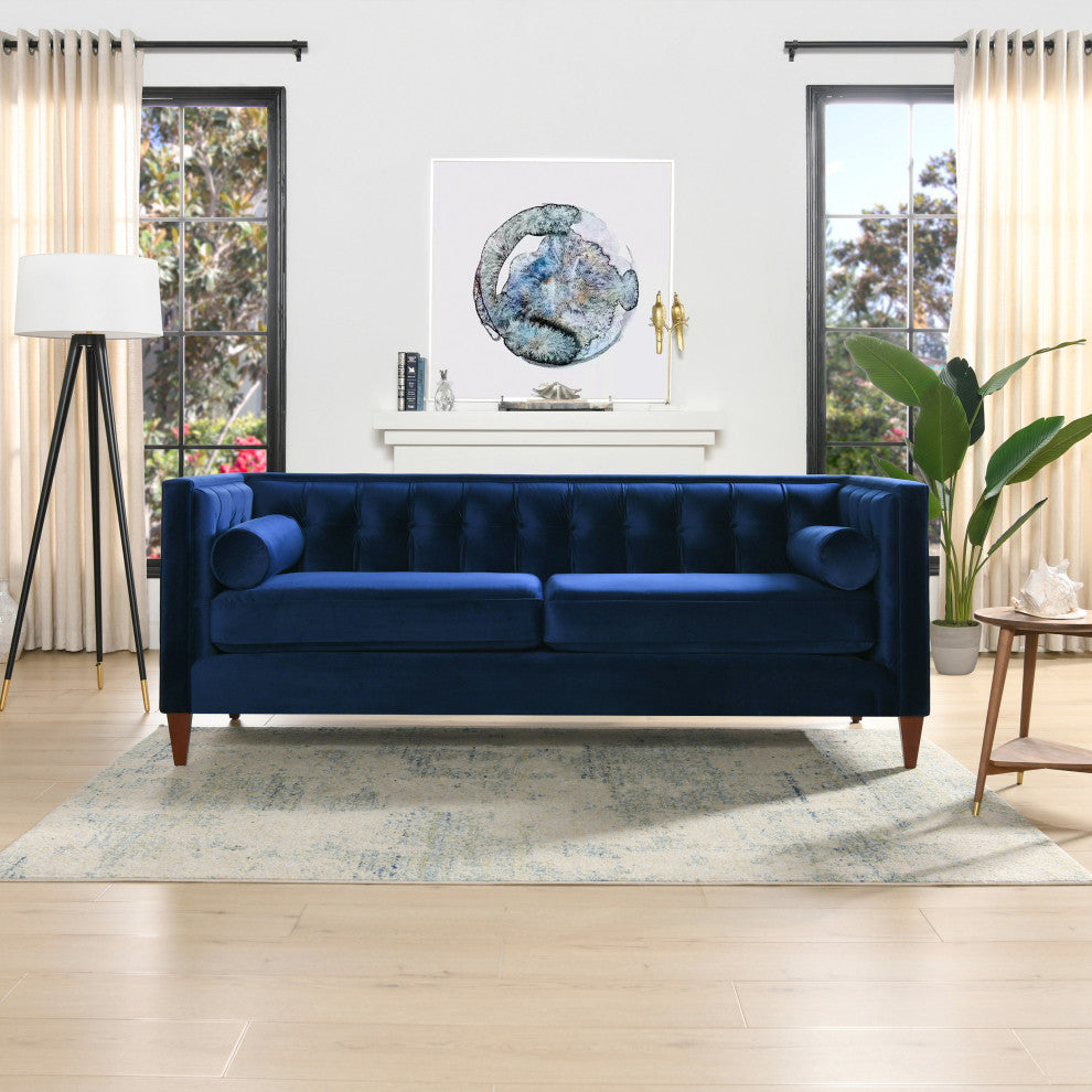 Jack 84" Modern Tuxedo Tufted Sofa, Navy Blue Velvet