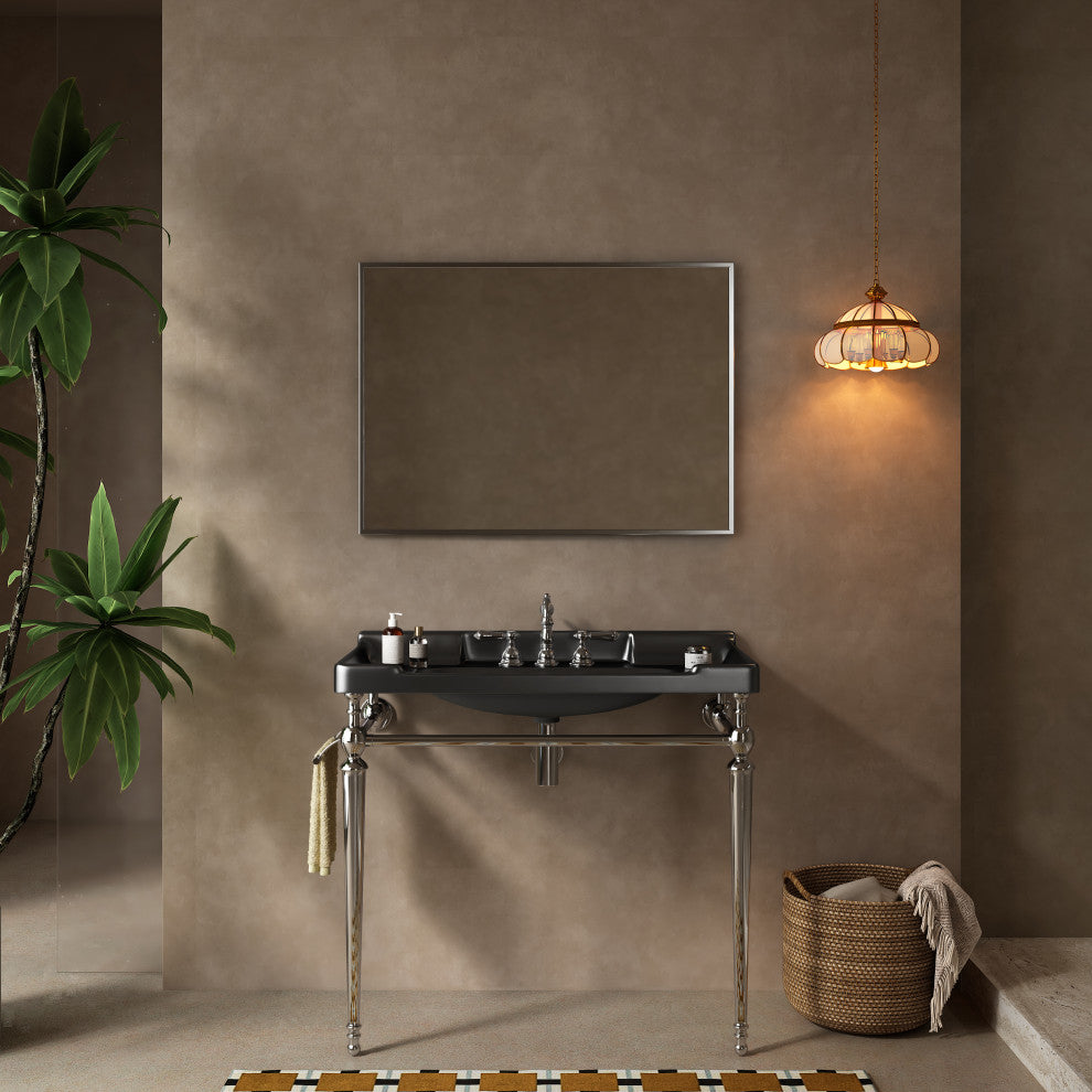 Wall-Mounted Black Ceramic Vanity Basin with Stainless Steel Support Legs, Chrome