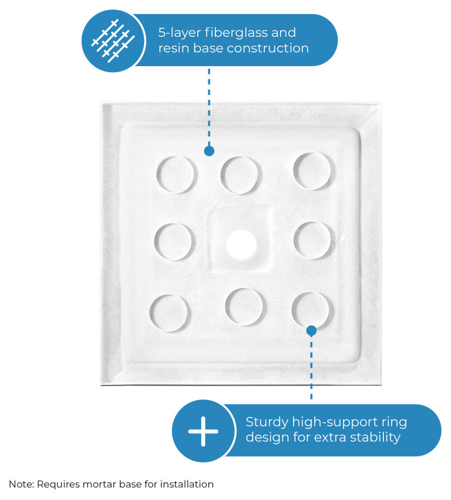 Ove Decors Erika Shower Base Rectangle, White, 36"x36", Center Drain