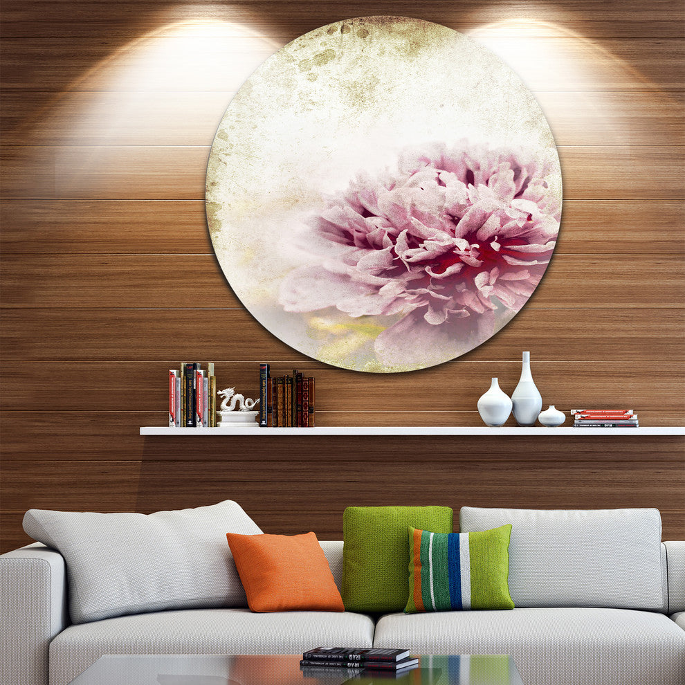 Pink Peony In Vintage Style, Floral Digital Round Metal Wall Art, 11"