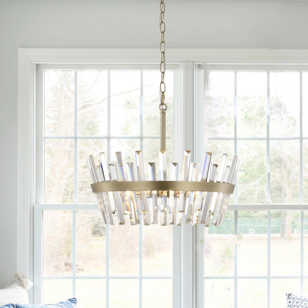 Eva 6-Light Glam Crystal Glass Prism Round Chandelier, Brushed Silver-Ish Champagne