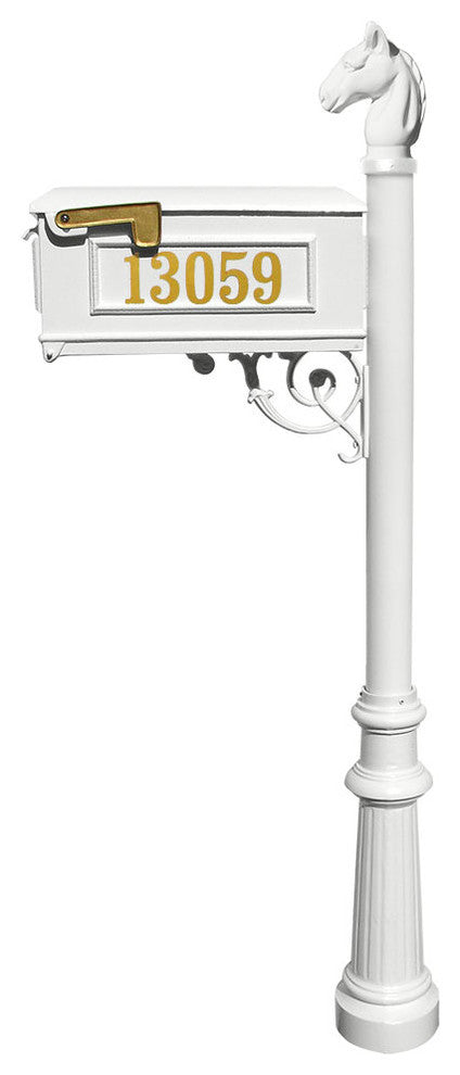 Mailbox Post System-Decorative Fluted Base-Gold Vinyl Personalized Number, White