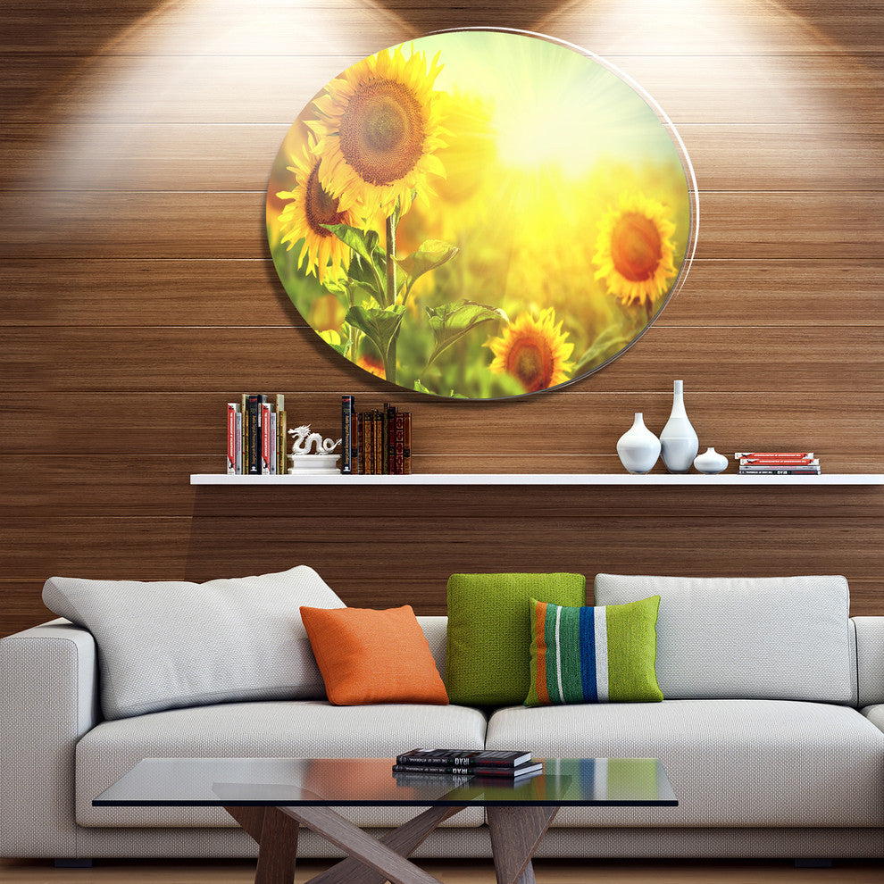 Sunflowers Blooming On The Field, Animal Disc Metal Wall Art, 38"