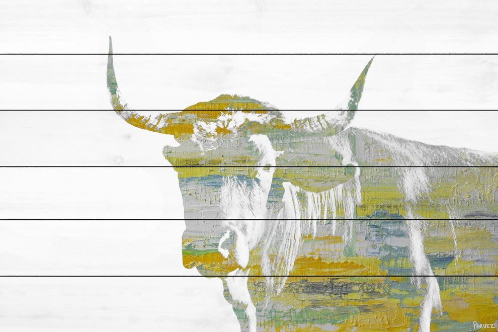 "Yellow Steer" Painting Print on White Wood, 18"x12"