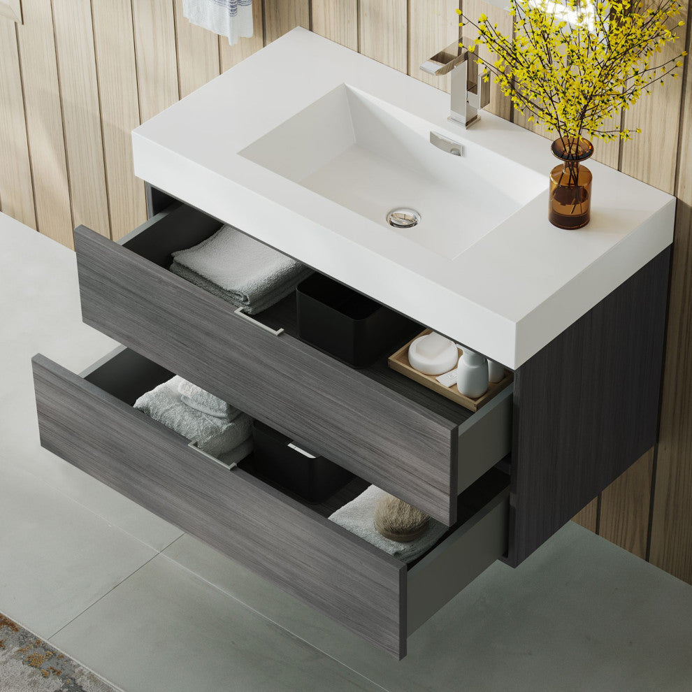 Boutique Bath Vanity, Vulcan Ash Gray, 36", Single Sink, Wall Mount