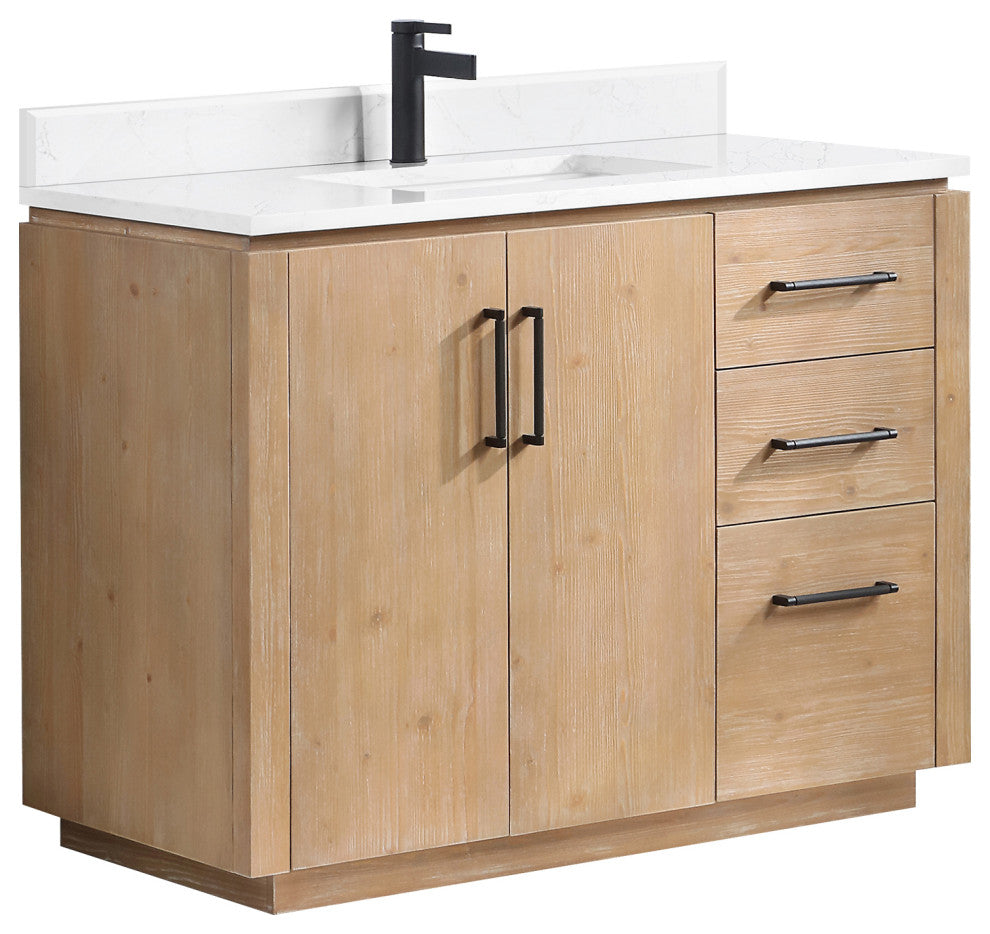 San Bath Vanity with Stone Top, Fir Wood Brown, 42", Single Vanity, No Mirror
