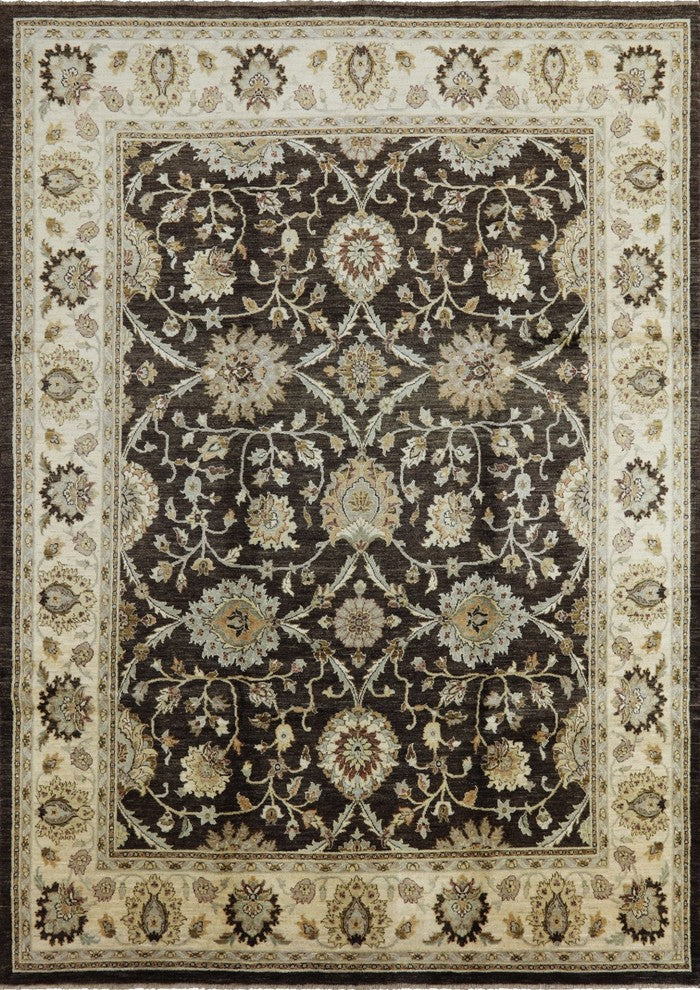 Oushak Style Brown Chobi Peshawar Hand-Knotted Wool Rug, 9'x13'