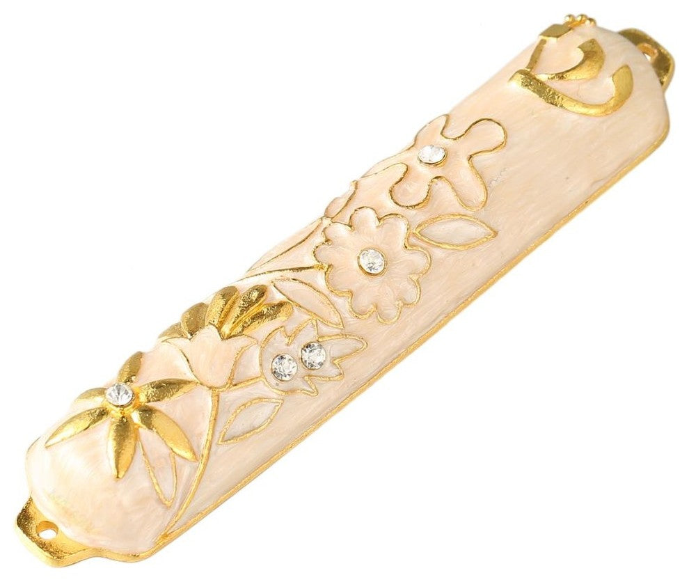 Hand Painted White Enamel Mezuzah Embellished With a Floral Design With Gold Acc