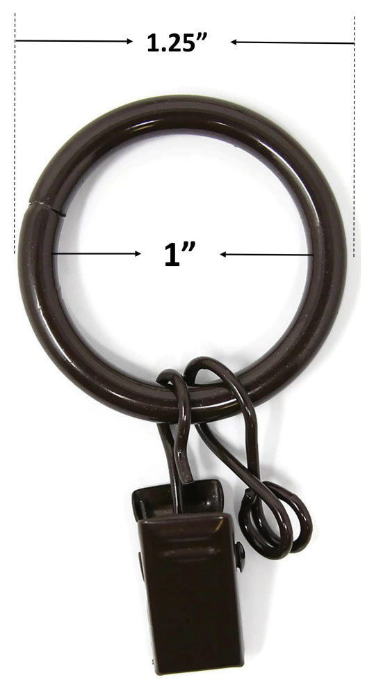 1" Metal Curtain Rings With Clips and Eyelets, Bronze, Set of 10