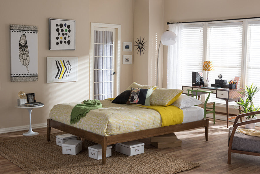 Bentley Mid-Century Modern Solid Wood Bed Frame, Walnut Brown, Queen