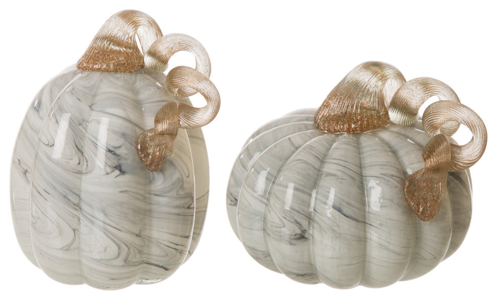 Set of 2, Gray Marble Glass Pumpkin