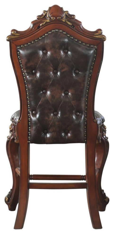 Leatherette Padded Counter Height Chair With Carvings, Set of 2, Brown