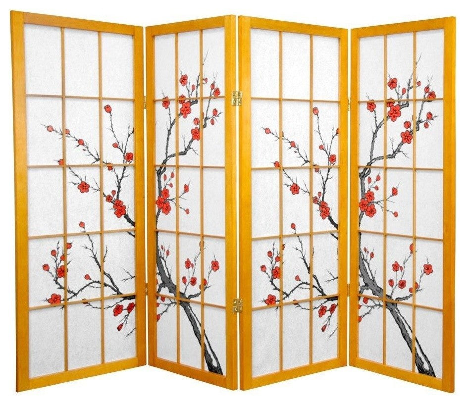 4' Tall Cherry Blossom Shoji Screen, Honey, 4 Panels