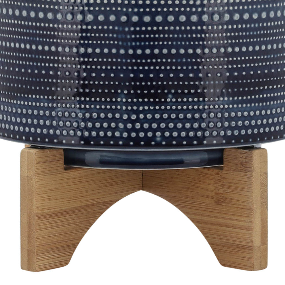 8" Dotted Planter With Wood Stand, Blue