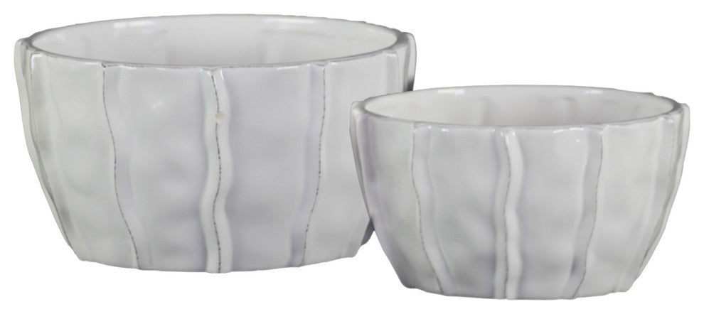 Ceramic Low Bowls With Embedded Wave Design Body, 2-Piece Set, White
