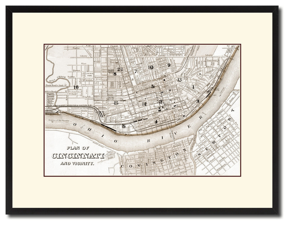Cincinnati Vintage Sepia Map Canvas Print, 16"x21"