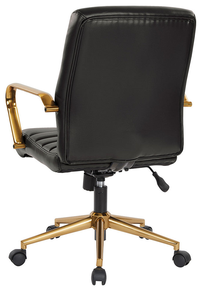 Mid-Back Faux Leather Chair With Gold Arms and Base, Black
