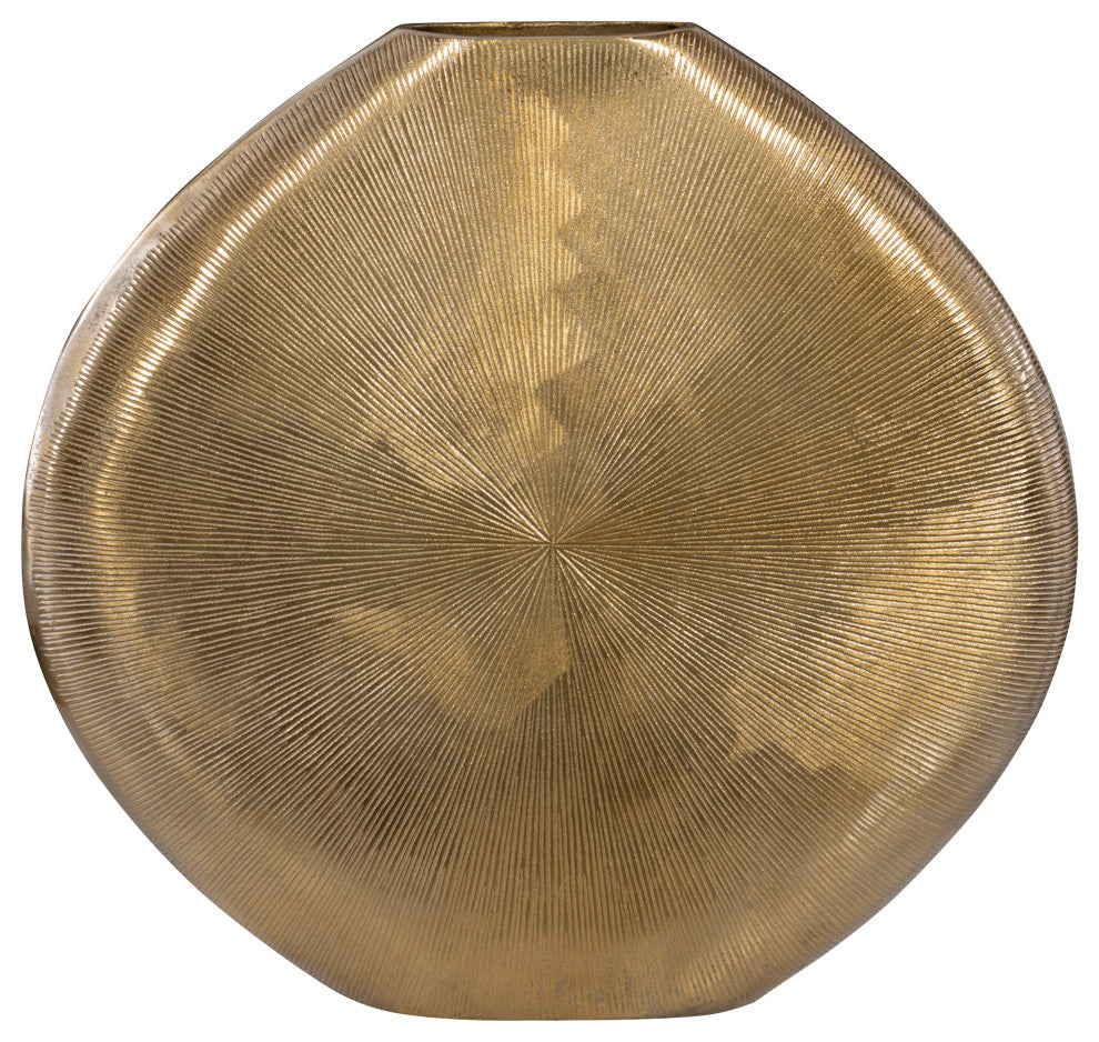 Luxe Large Flat Ribbed Disk Gold Silver Vase, Mid Century Modern Round Oval