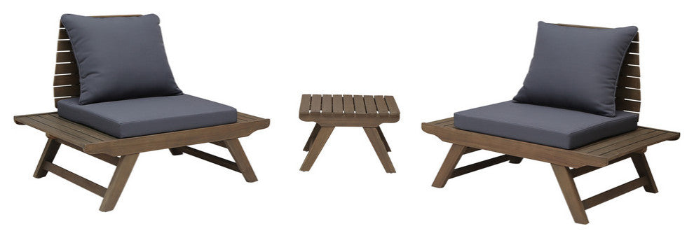 Rosalind Outdoor 2 Seater Acacia Wood Club Chairs and Side Table Set, Gray, Dark Gray