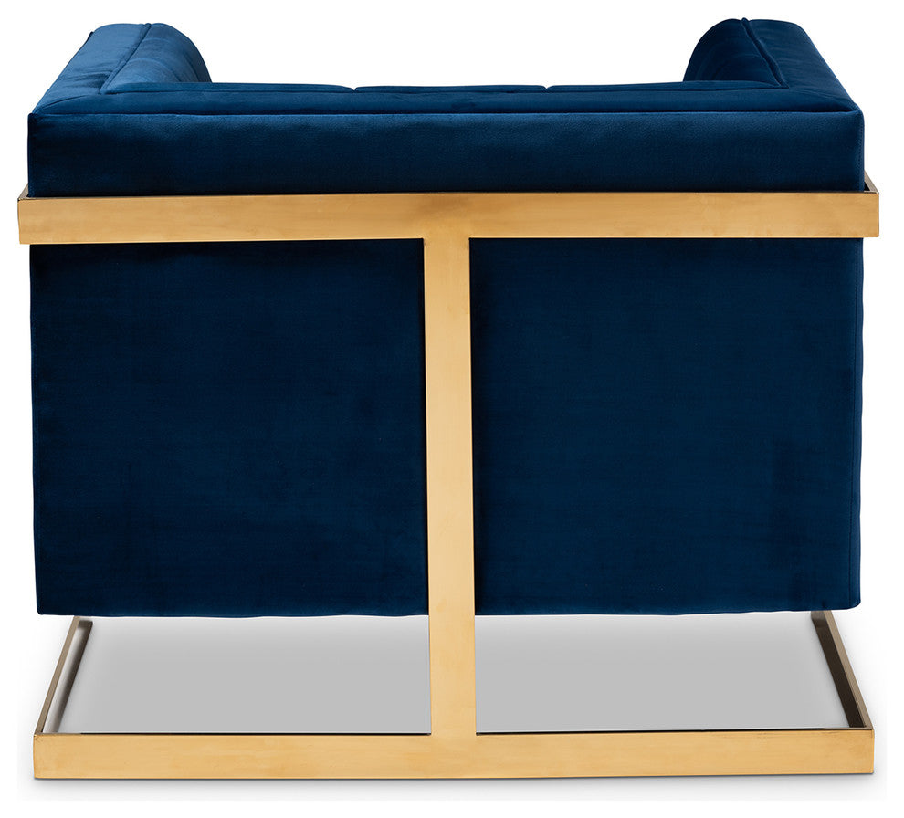 Rolland Royal Blue Velvet Button Tufted Armchair With Gold-Tone Frame