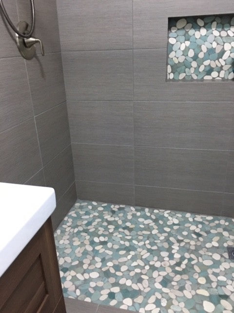 Natural Sea Green & White Sliced Pebble Tile - 12x12 Sheets with Mesh Support