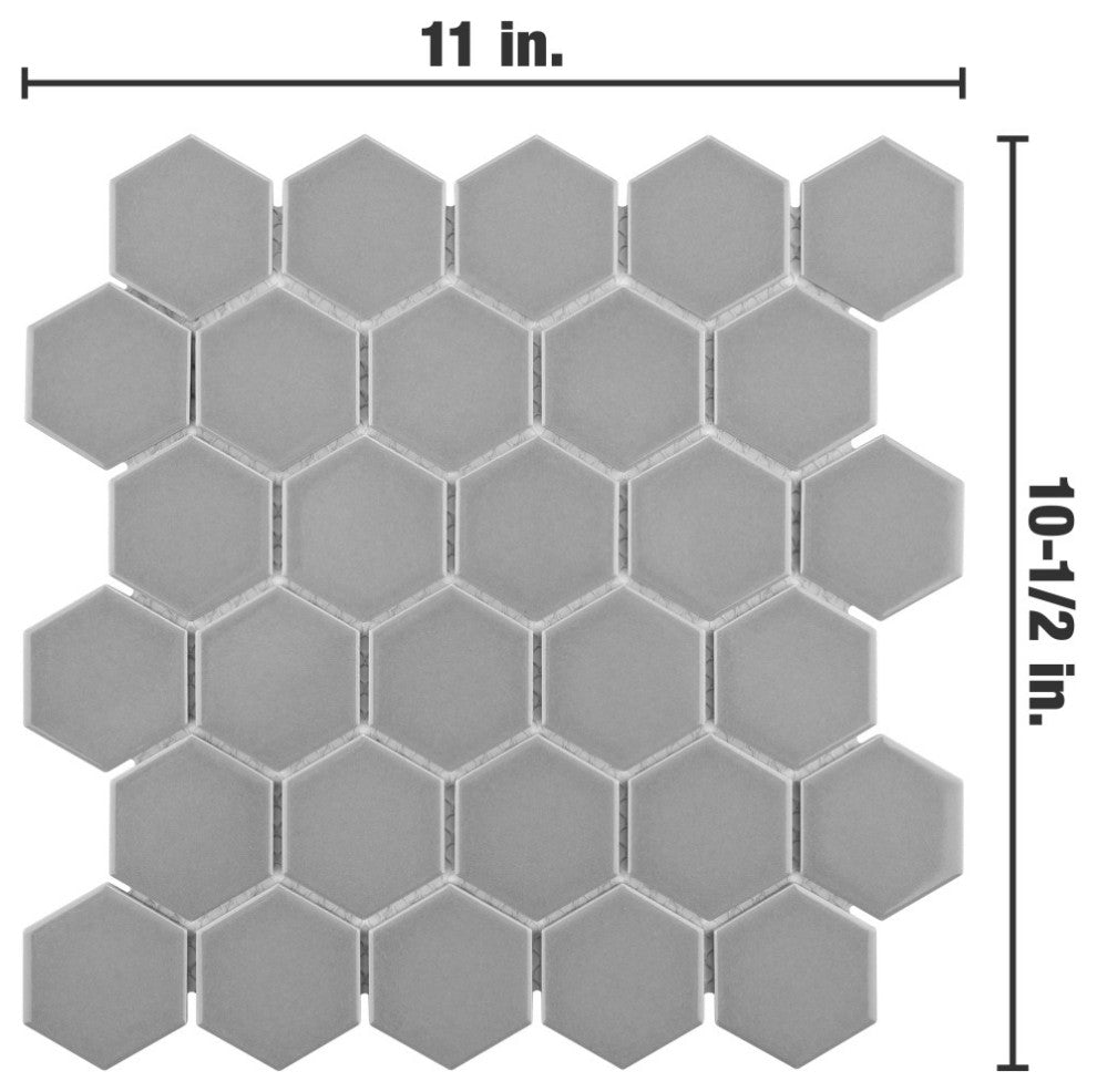 Metro 2" Hex Glossy Light Grey Porcelain Floor and Wall Tile